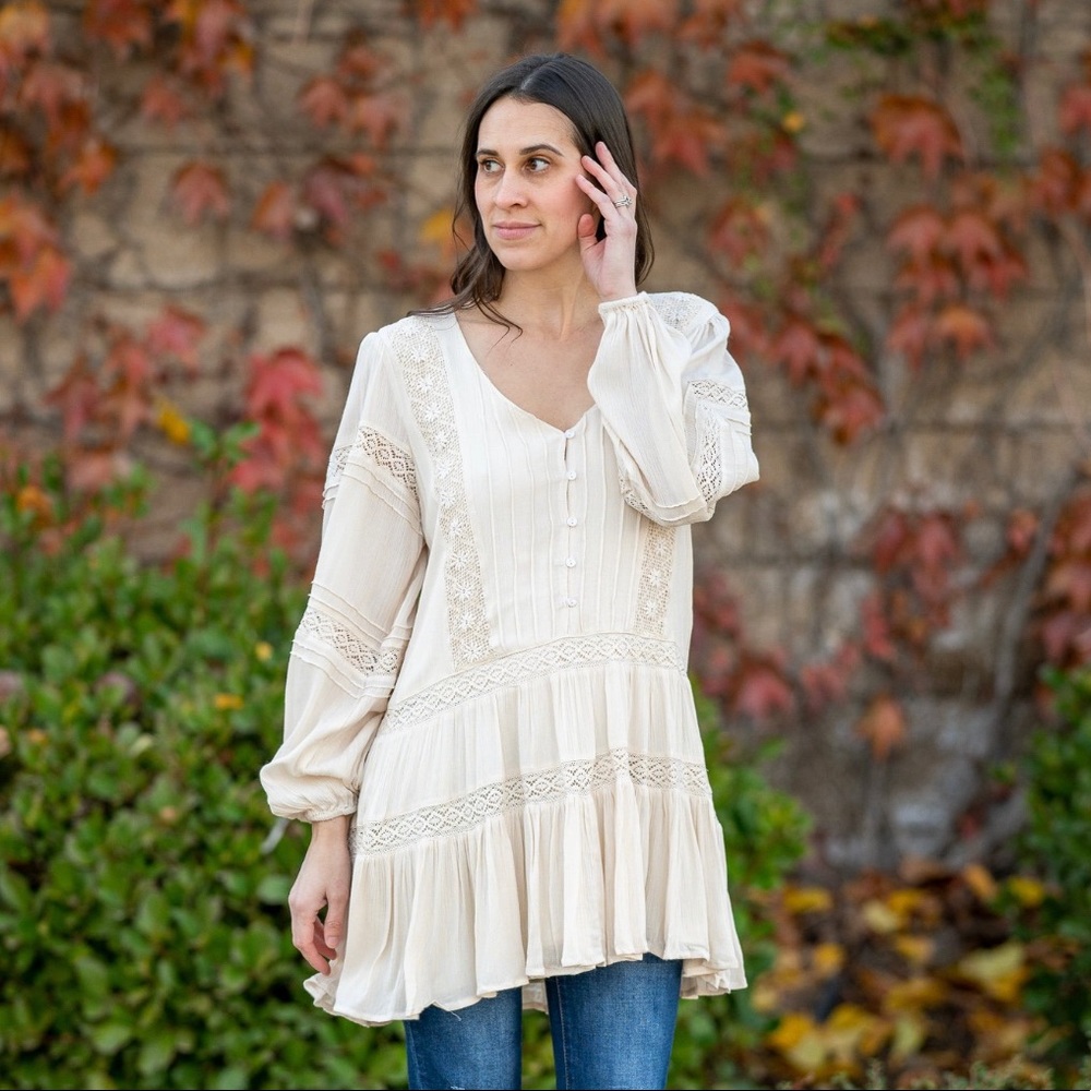 By Together Cream Long Sleeve Lace Trim Tiered Tunic Dress